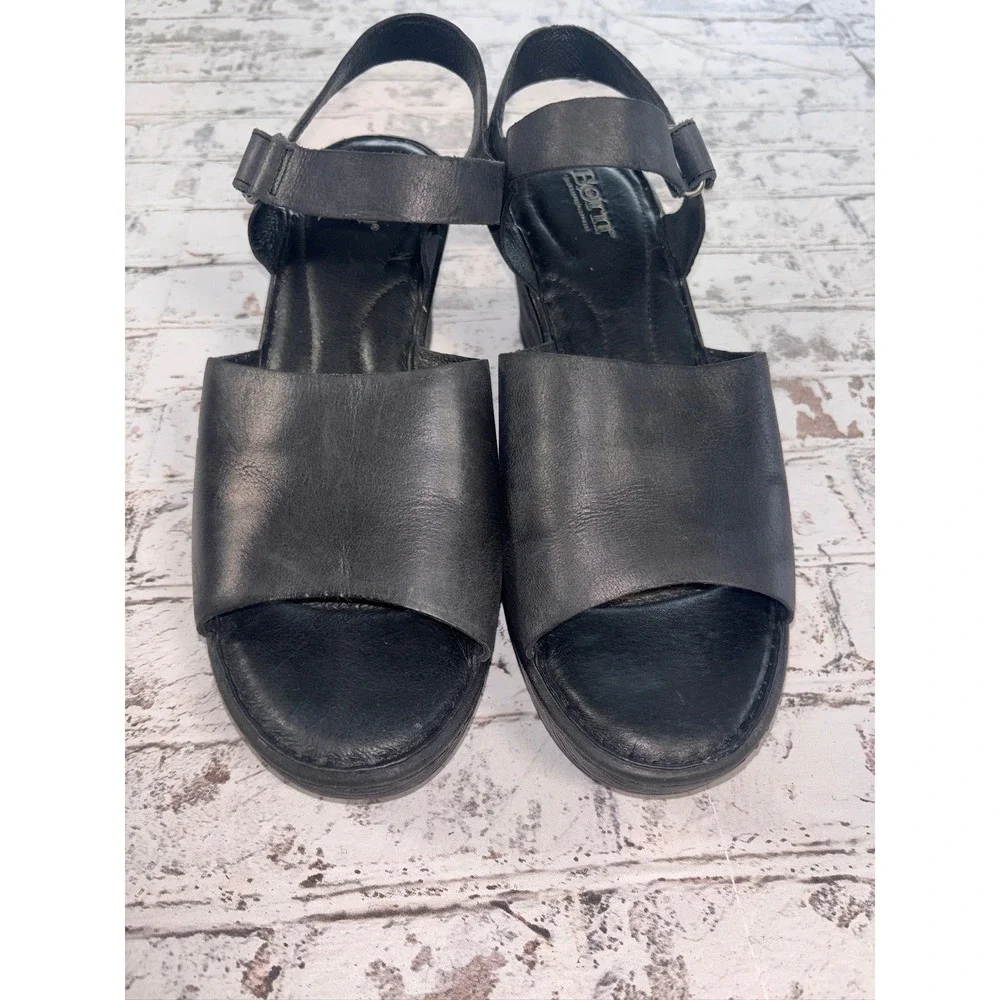 Born Black‎ Leather Wedge Sandals Womens 10M F41203 VCJL17 Comfort Platform